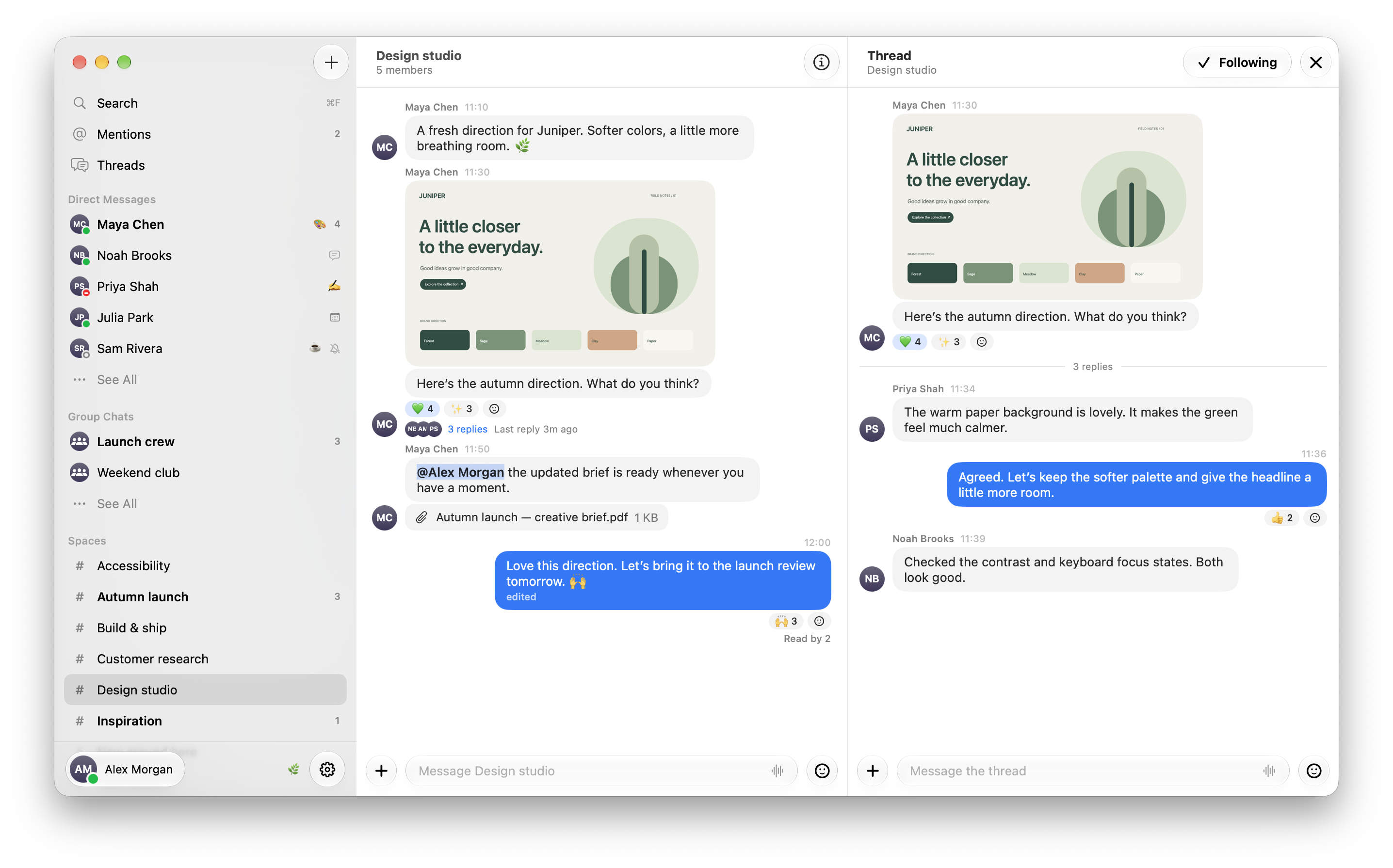 Kibble showing the Design studio conversation with a shared image, reactions, mentions and an open reply thread.